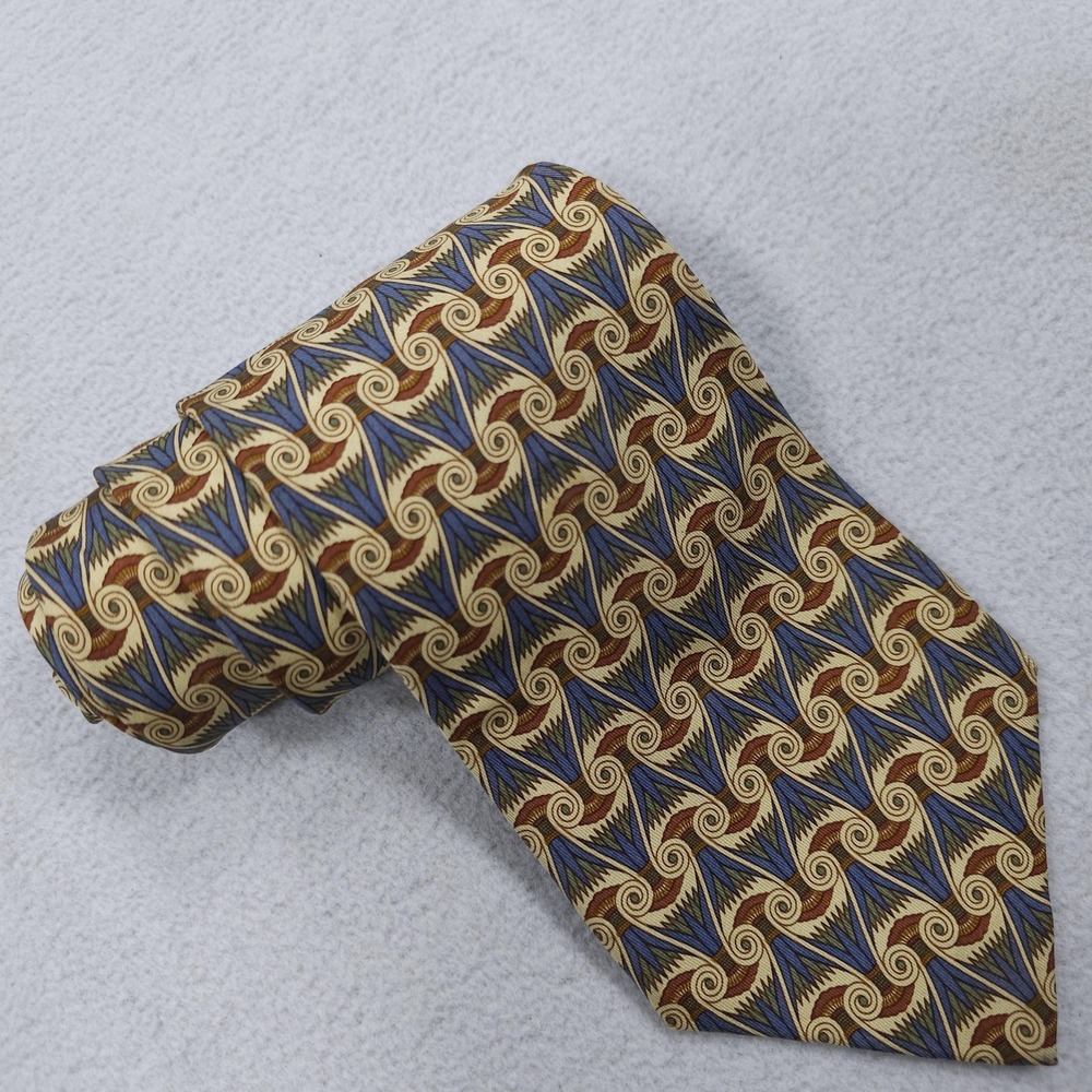 Vintage Burberrys Tie Mens Blue Gold Silk Geometric Art Deco Made USA Necktie